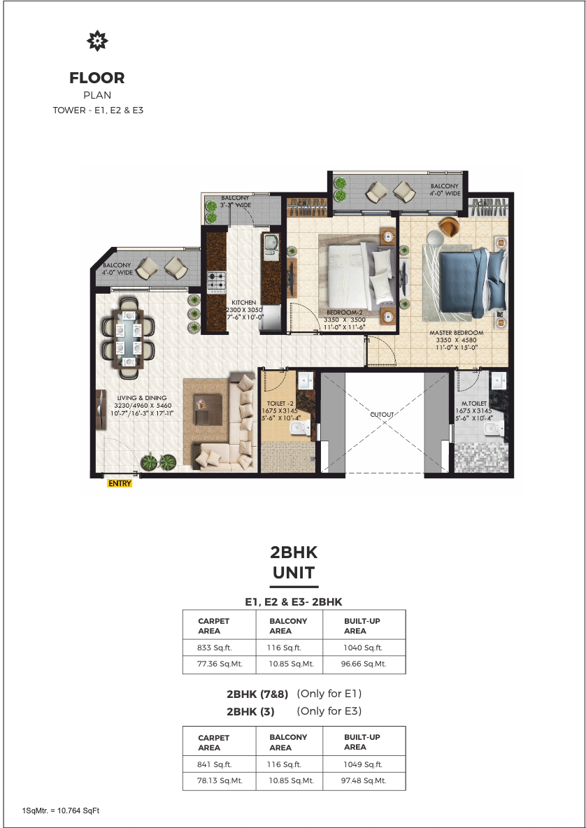 2 BHK Tower E1,E2 & E3 Floor Plan