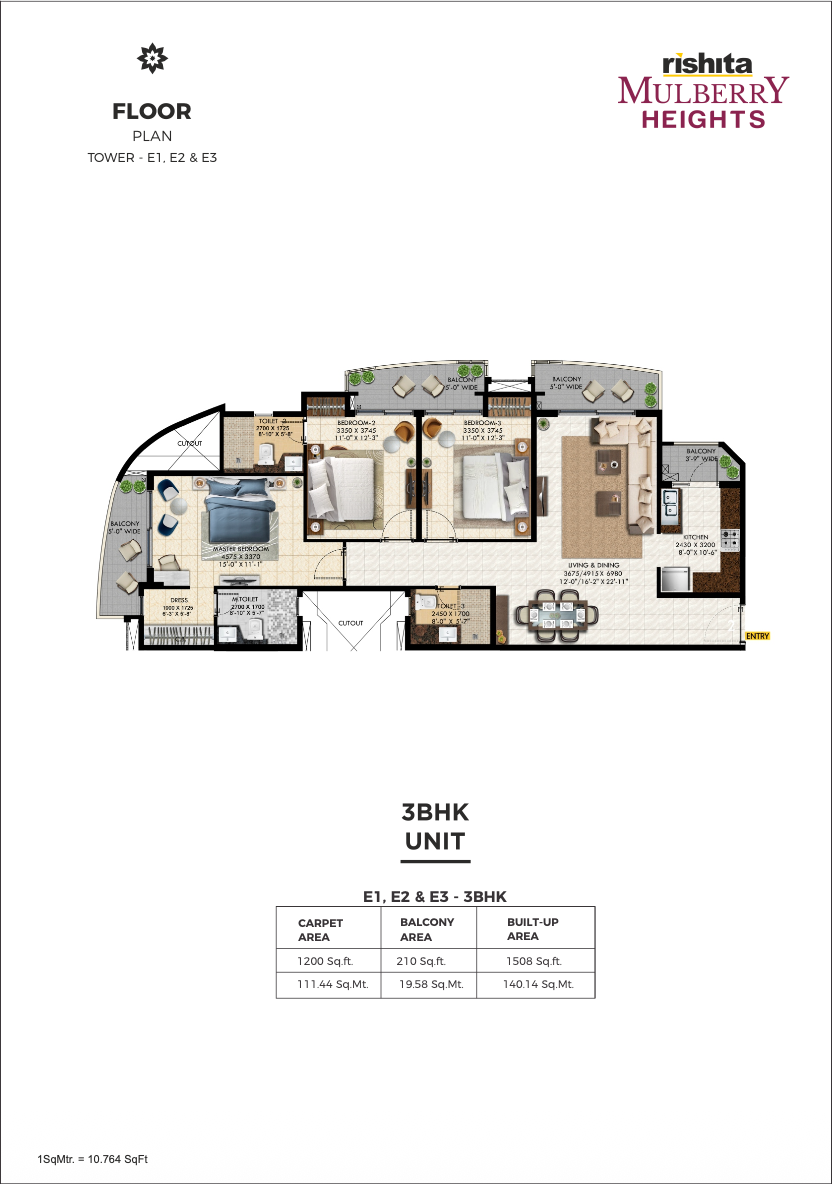 3 BHK Tower E1,E2 & E3 Floor Plan