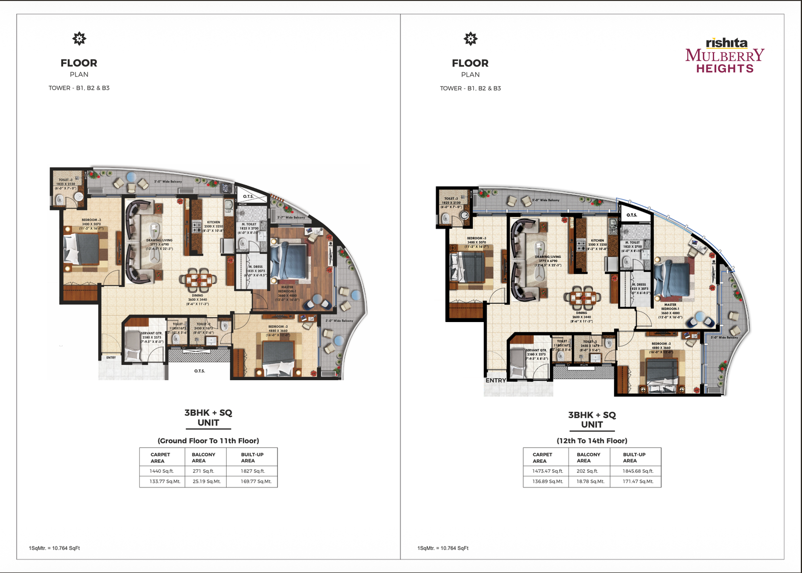 3 BHK + SQ unit Floor Plan