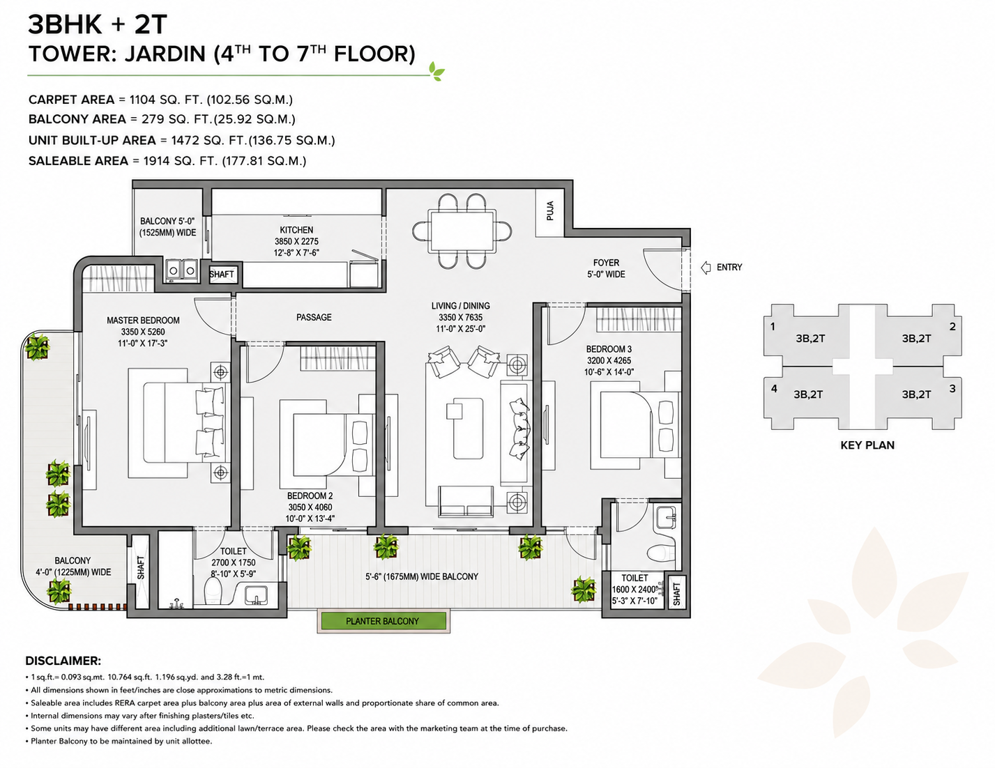 3 BHK + 2T Floor Plan